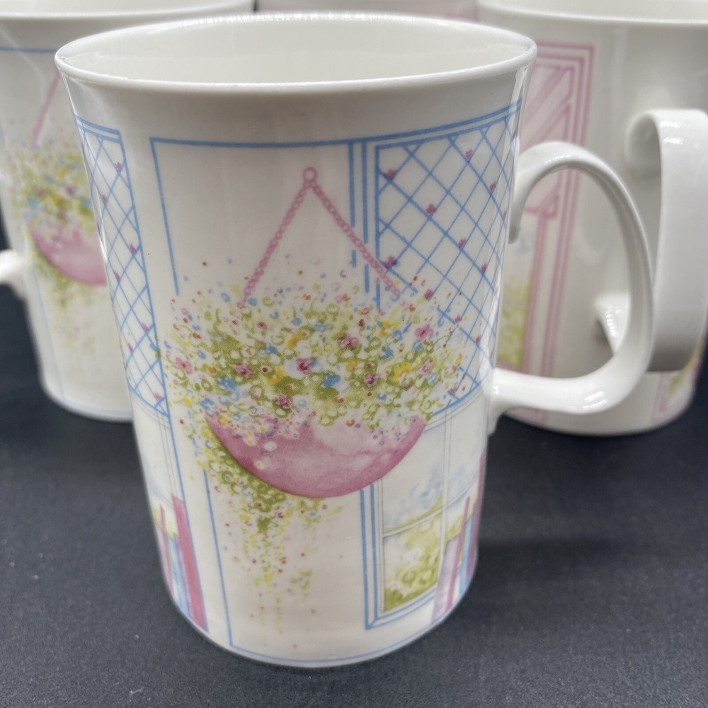 Vtg Dunoon England Mugs 4pc Set Meadow View Noelle Malkin Fine Bone China 8oz